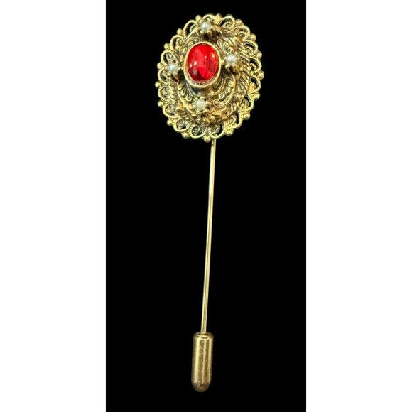 Vintage Gold Tone Filigree Stick Hat Lapel Pin w/ Red Faux Gemstone & Pearls - Picture 1 of 4